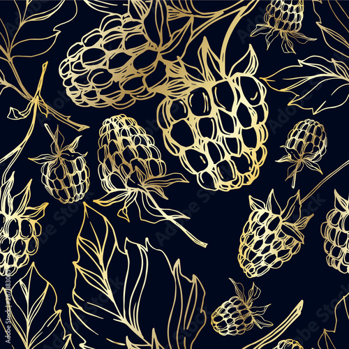 Vector Raspberry healthy food isolated. Black and white engraved ink art. Seamless background pattern.