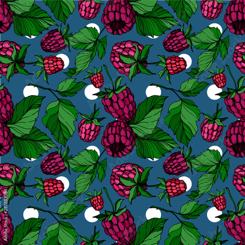 Vector Raspberry healthy food isolated. Black and white engraved ink art. Seamless background pattern.