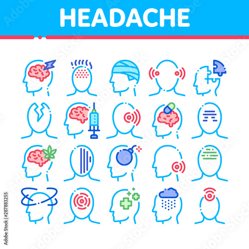Headache Collection Elements Vector Icons Set Thin Line. Tension And Cluster Headache, Migraine And Brain Symptom Concept Linear Pictograms. Head Healthcare Color Contour Illustrations