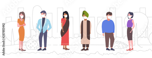 arab people in face mask dirty waste toxic air pollution industry smog polluted environment concept arabic men women group walking outdoor cityscape doodle background full length horizontal