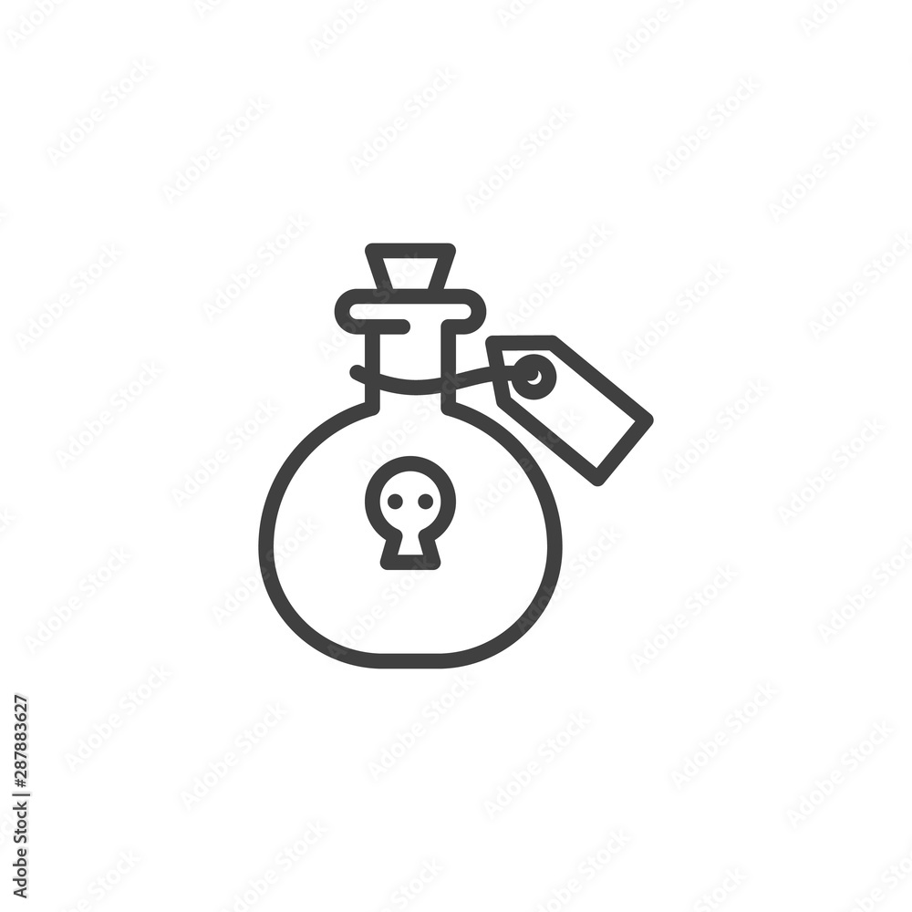 Poison bottle line icon. Toxic liquid flask linear style sign for mobile concept and web design. Bottle of death potion outline vector icon. Symbol, logo illustration. Vector graphics Poison bottle line icon. Toxic liquid flask linear style sign for mobile concept and web design. Bottle of death potion outline vector icon. Symbol, logo illustration. Vector graphics