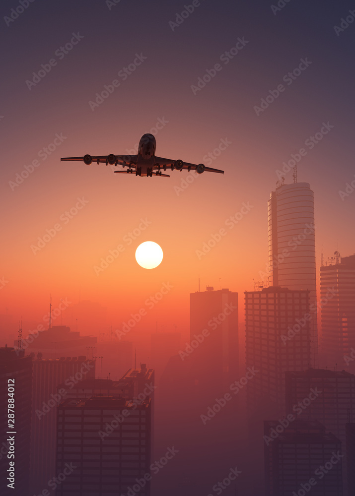 The plane on a background a city ,3d render The plane on a background a city ,3d render