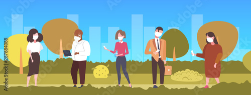 people in face mask using gadgets toxic air pollution industry smog polluted environment concept mix race men women group walking outdoor cityscape background full length horizontal