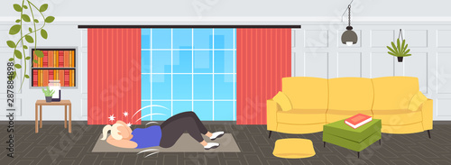fat obese woman doing sit-ups press abdominal exercises on mat overweight girl training workout weight loss concept modern living room interior flat full length horizontal