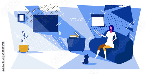 woman sitting on couch watching movie on television girl relaxing having fun at home modern living room interior sketch horizontal full length