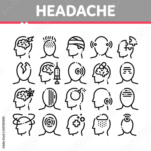 Headache Collection Elements Vector Icons Set Thin Line. Tension And Cluster Headache, Migraine And Brain Symptom Concept Linear Pictograms. Head Healthcare Black Contour Illustrations