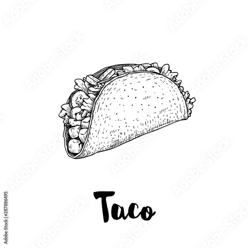 Hand drawn sketch style taco. Traditional mexican fast food illustration. Vector drawing isolated on white. Great for restaurant menu, package design and posters.