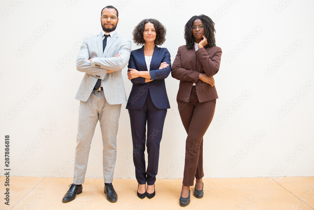 Obraz premium Confident business people posing with arms folded. Business man and women standing over white background and looking at camera. Team portrait concept