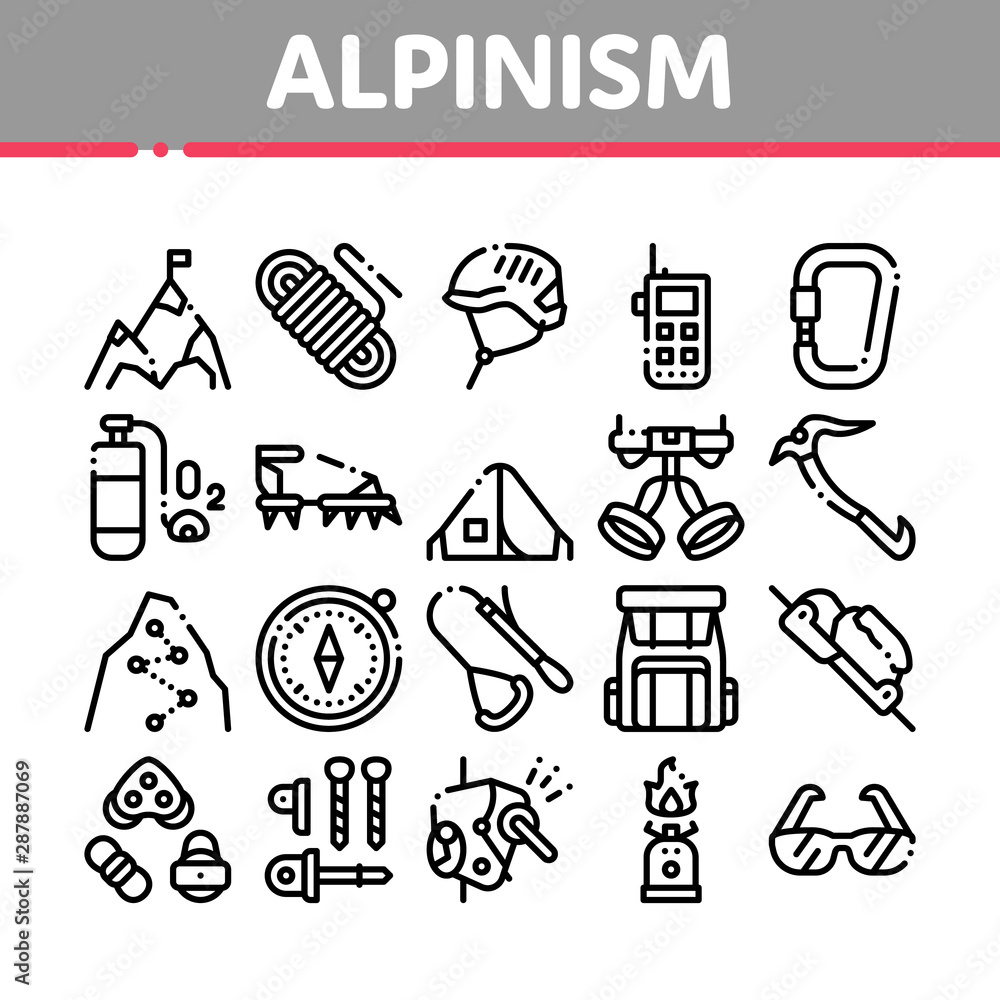 Fototapeta premium Alpinism Collection Elements Vector Icons Set Thin Line. Compass And Glasses, Mountain Direction And Burner Mountaineering Alpinism Equipment Concept Linear Pictograms. Black Contour Illustrations