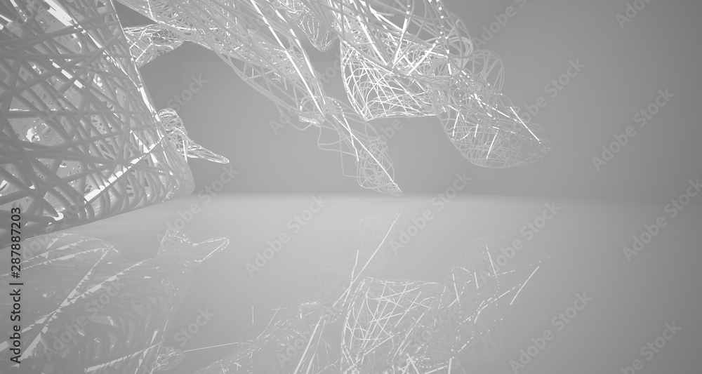 White smooth architectural interior of chaotic lines. Night view with illumination. 3D illustration and rendering White smooth architectural interior of chaotic lines. Night view with illumination. 3D illustration and rendering