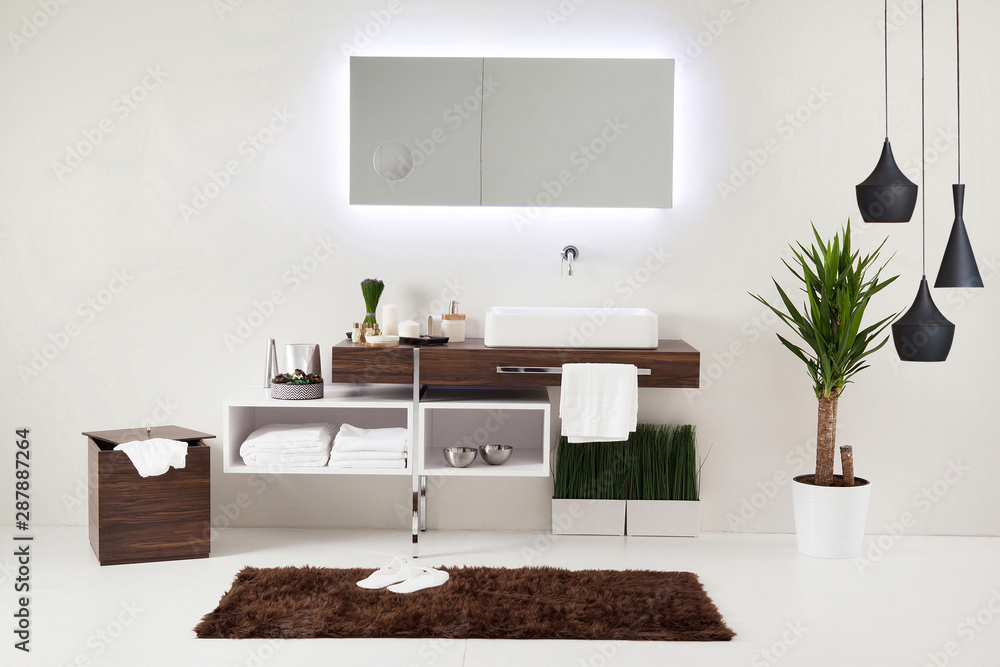 Fototapeta premium white wall clean bathroom style and interior decorative design for home, hotel and office