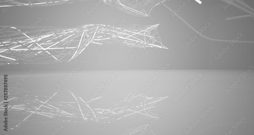 White smooth architectural interior of chaotic lines.  Night view with illumination. 3D illustration and rendering