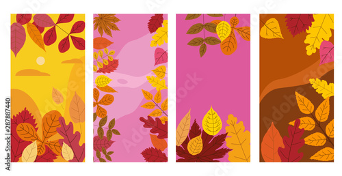 Set colorful autumn templates of autumn fallen leaves orange yellow foliage. Backgrounds social media stories banners