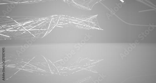 White smooth architectural interior of chaotic lines. Night view with illumination. 3D illustration and rendering