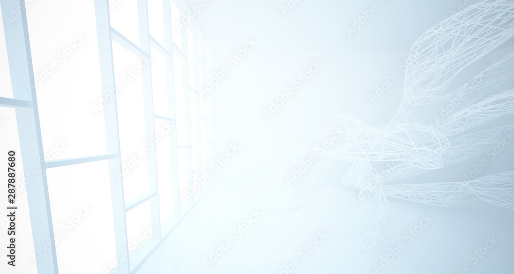 White smooth architectural interior of chaotic lines. 3D illustration and rendering
