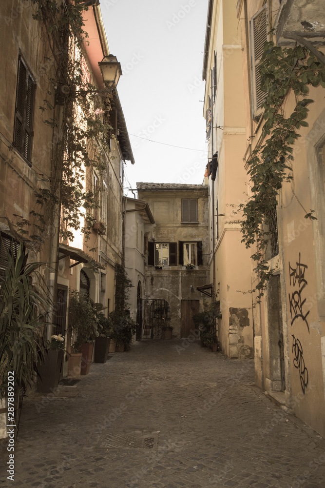 Obraz premium Typical street in trastevere district, Rome, Lazio, Italy.