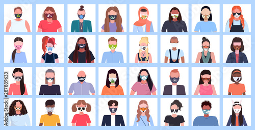 set men women wearing protective face mask with different icons smog air pollution virus protection concept mix race people profile avatars female male cartoon characters portrait flat horizontal