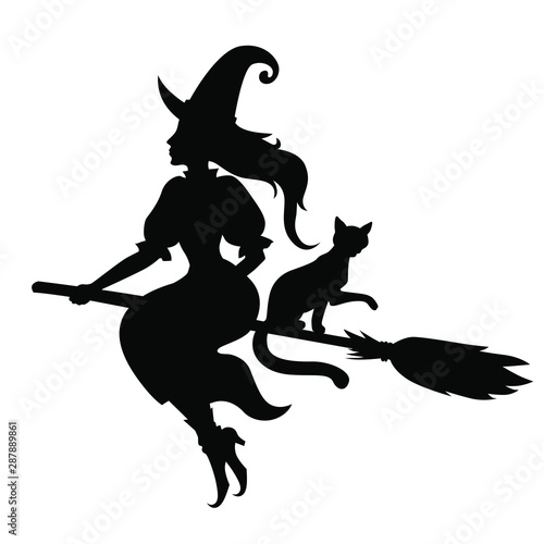 Vector illustrations of silhouette Halloween witch and cat