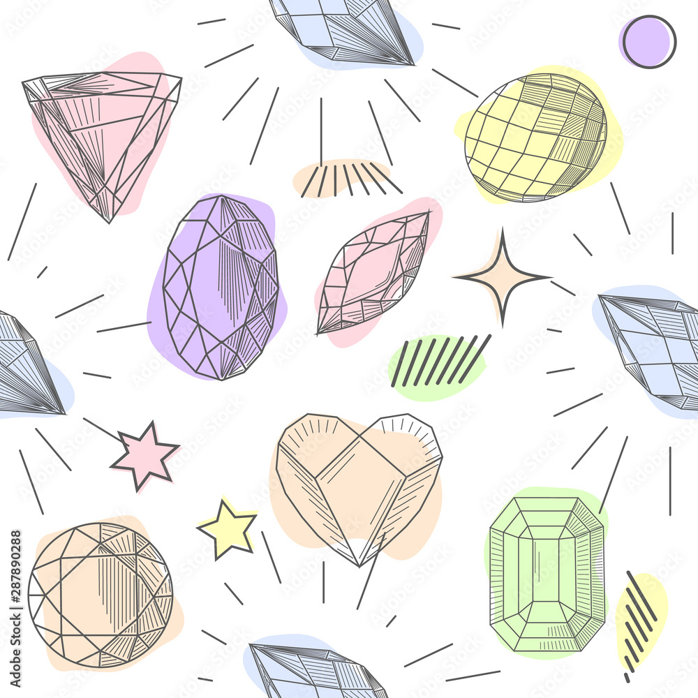 Hand drawn abstract seamless pattern with golden terrarium, polka dots texture in pastel colors isolated on white background. Design Hand drawn abstract seamless pattern with golden terrarium, polka dots texture in pastel colors isolated on white background. Design