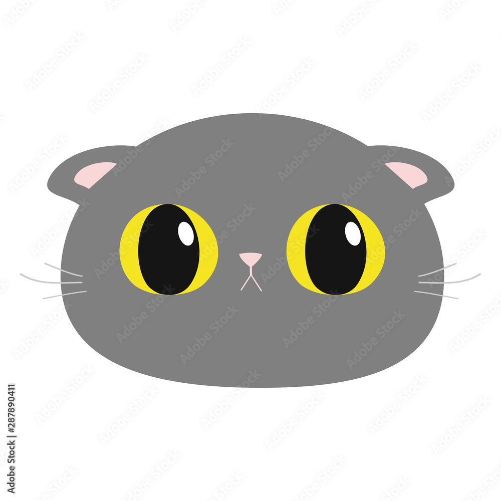 British Shorthair cat round head face icon. Cute funny cartoon character. Big yellow eyes. Sad emotion. Kitty Whisker Baby pet collection. White background. Isolated. Flat design.