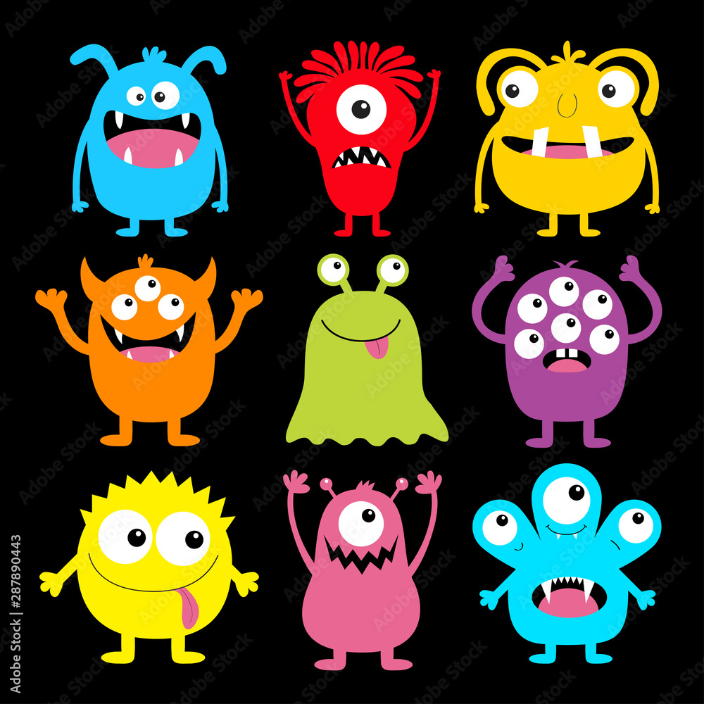 Cute monster colorful round silhouette icon set. Eyes, tongue, tooth fang, hands up. Cartoon kawaii scary funny baby character. Happy Halloween. Black background. Flat design. Cute monster colorful round silhouette icon set. Eyes, tongue, tooth fang, hands up. Cartoon kawaii scary funny baby character. Happy Halloween. Black background. Flat design.