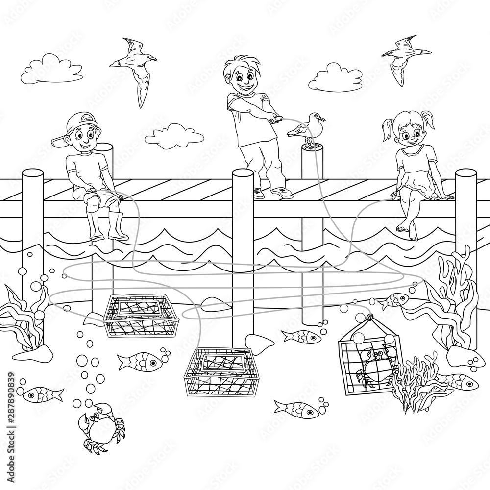 Black and white coloring of children catching crabs, and Logic puzzle game with Maze, Or Labyrinth. Two boys and one girl are sitting on a wooden pier with nets for catching crab on the seabed