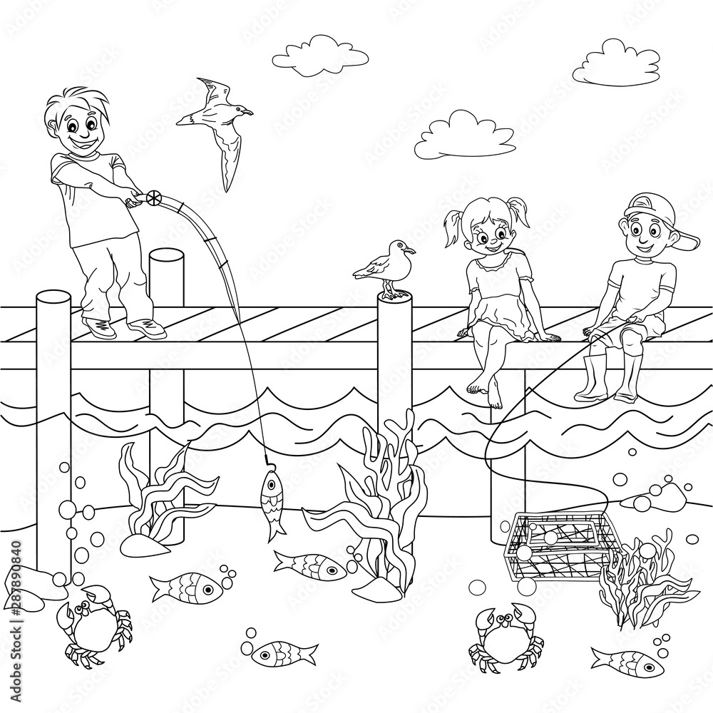 Three kids sitting on a wooden pier catch fish and crabs on the seabed.  Black and white coloring for children, linear sketch with a seascape Stock  Vector
