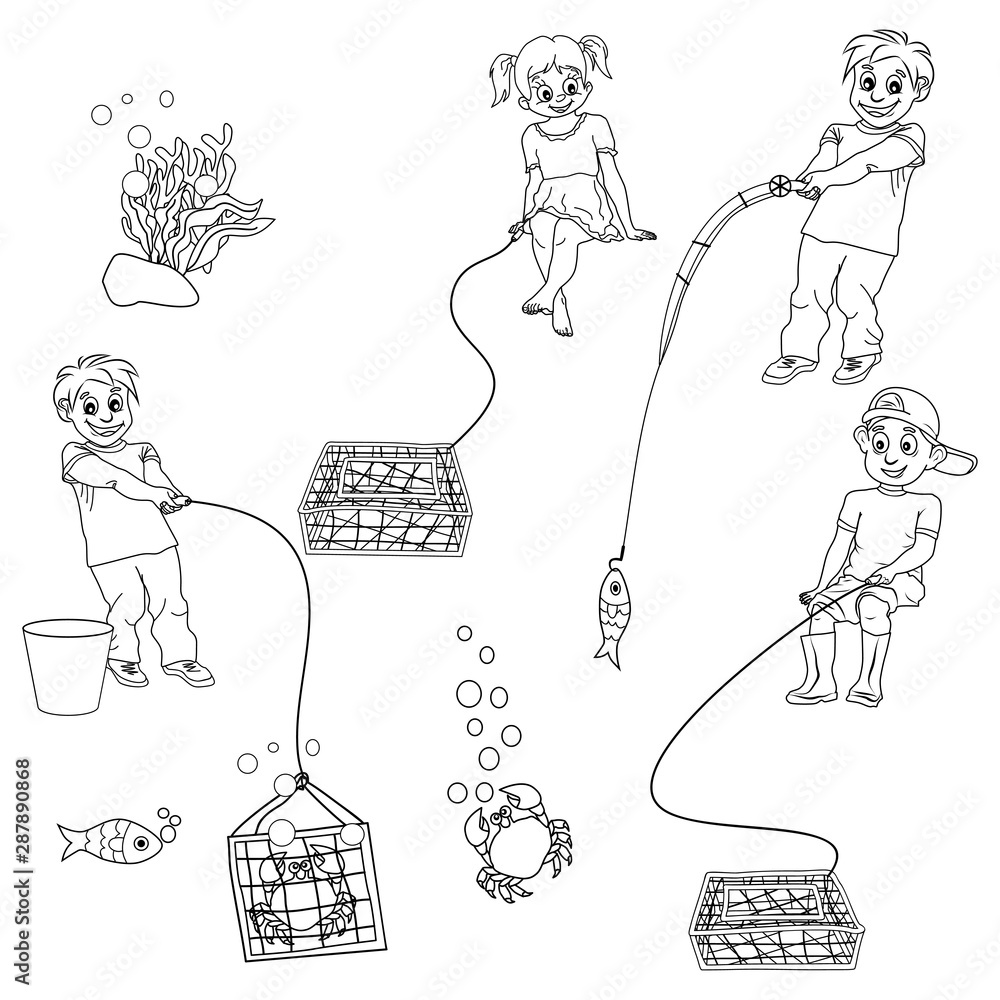 Vecteur Stock Vector set of black and white linear clipart of children  fishing and catching crabs. Boys and girl with fishing rod and nets for  catching crab, funny cartoon sketch