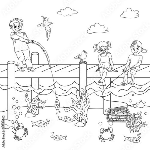 Three kids sitting on a wooden pier catch fish and crabs on the seabed. Black and white coloring for children, linear sketch with a seascape