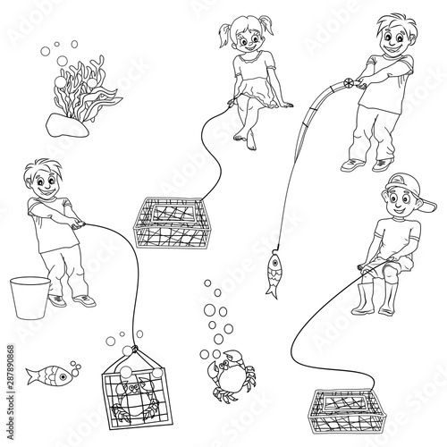 Vector set of black and white linear clipart of children fishing and catching crabs. Boys and girl with fishing rod and nets for catching crab, funny cartoon sketch