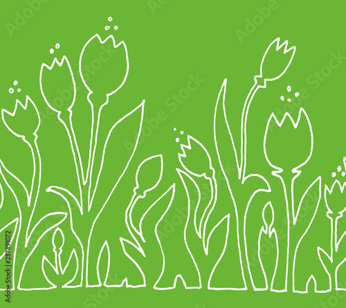 Tulips. Seamless horizontal pattern. Isolated on background. Contour, silhouette, line