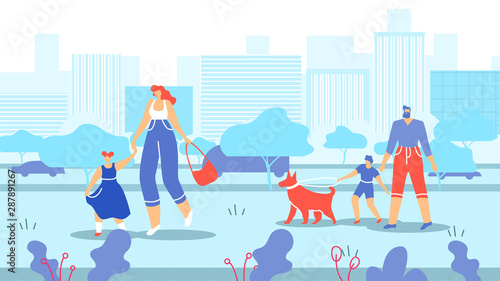 Families with Children and Animals Walk in City.
