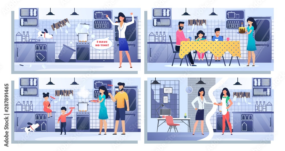 Set Illustration Happy Family, Bundle Landing Page. Family Spare Time Together. Mother, Father, Kids, Son, Daughter, Dog, Cook Food, Sausages, Celebrate Birthday. Woman Tries Be Best Mom and Worker