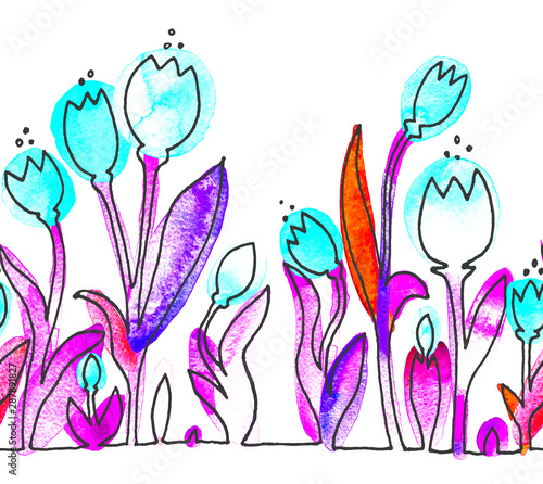 Tulips. Seamless horizontal pattern. Isolated on background. Contour, silhouette, line, stain watercolors. Colored spots