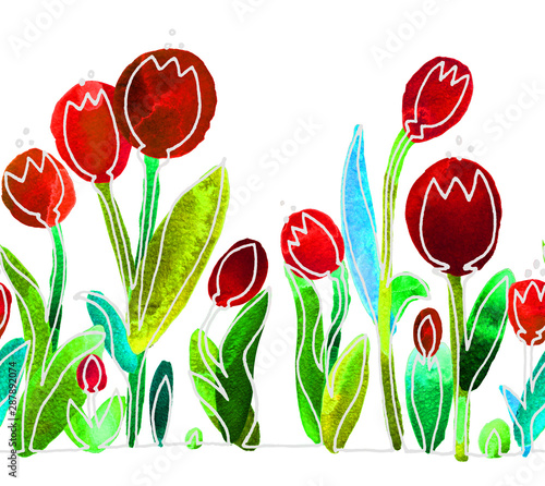 Tulips. Seamless horizontal pattern. Isolated on background. Contour, silhouette, line, stain watercolors. Colored spots