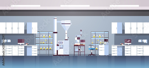 empty no people chemical research laboratory with different equipment scientist workplace science education chemistry concept modern lab interior flat horizontal