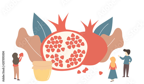 flat cartoon vector illustration for Jewish holiday Rosh Hashana with pomegranate, leaves, honey and tiny people
