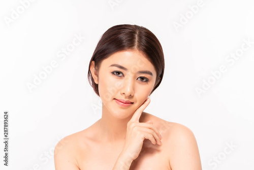 Close up beautiful woman face studio on white background
