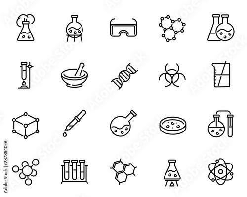 Leinwand Poster Chemical lab research vector linear icons set