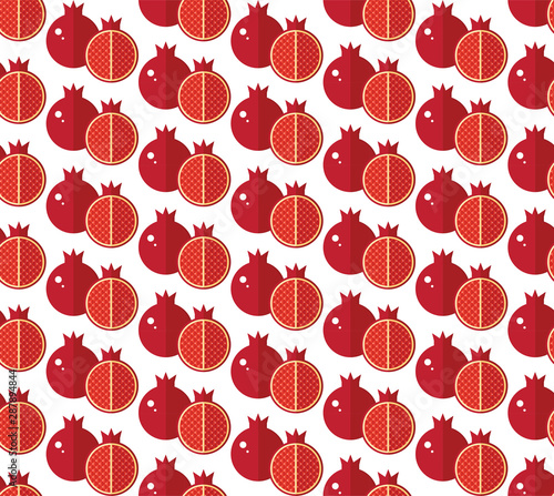 Seamless vector pattern of red pomegranate, garnet. Bright summer design. Fruits for colorful Wallpaper design, textile, fabric, paper, background. Flat cartoon