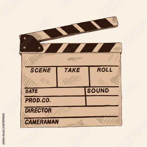 Movie clapper board for cinema. Pencil drawing on a beige background.