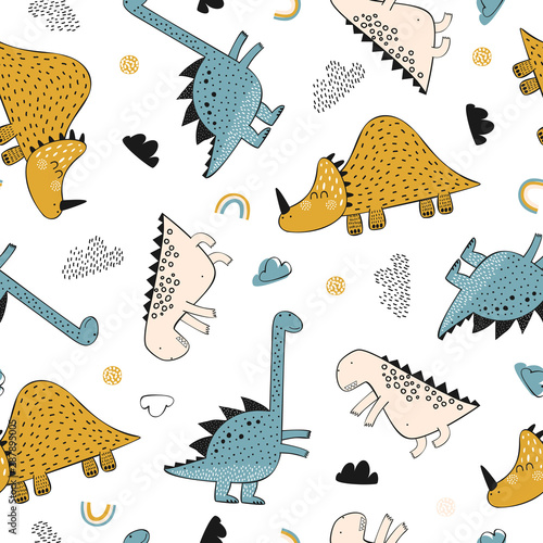 Childish seamless pattern with cute dinosaurs  rainbow and clouds. Hand drawn overlapping background for your design. Vector childish background for fabric  textile  nursery wallpaper.