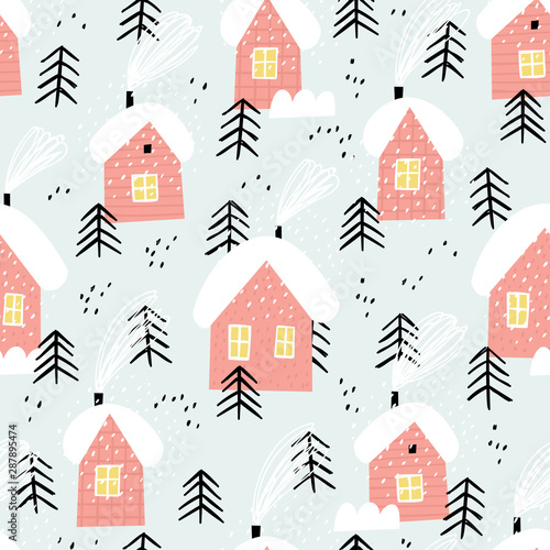 Winter village landscape. Cute red houses in a snowy forest.