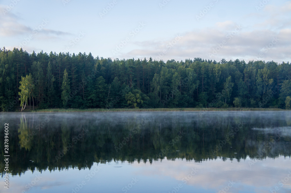 Morning on the forest lake. Trees are reflected in the water with light fog.
