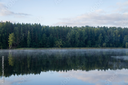 Morning on the forest lake. Trees are reflected in the water with light fog.