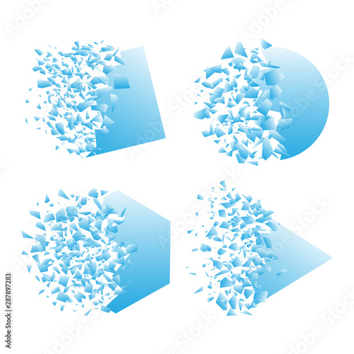 Set of abstract vector background with explosion effect. Dynamic flying fragments of broken glass shards. Vector illustration