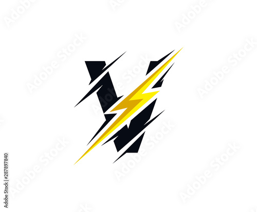 Thunder V Letter icon  flash V electrical logo icon