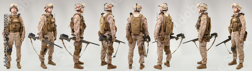 US marines forces soldiers with rifles on grey background. Shot in studio. Collage