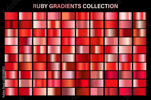 Red ruby glossy gradient, metal foil texture. Color swatch set. Collection of high quality vector gradients. Shiny metallic background. Design element.
