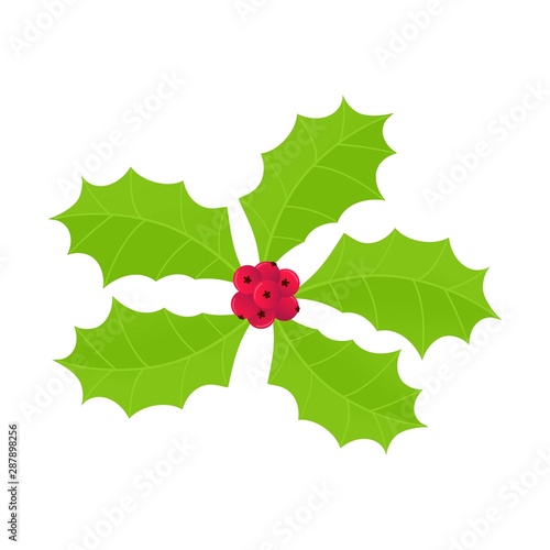 Winter and holiday symbol - holly berries icon sign. Green leaves and red berries cartoon flat style gradient design vector illustration isolated on white background
